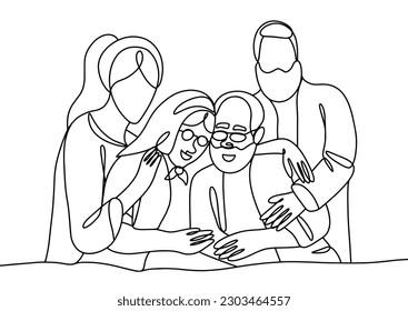 Adult children protect their elderly parents. Two generations. World Elder Abuse Awareness Day. One line drawing for different uses. Vector illustration. svg