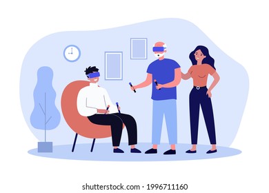 Adult children showing elderly father virtual reality glasses. Flat vector illustration. Son and father playing virtual reality games, holding controllers. VR, technology, game, family concept