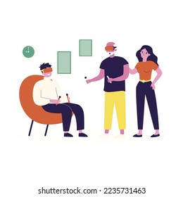 Adult children showing elderly father virtual reality glasses. Flat vector illustration. Grandchildren and grandfather playing virtual reality games, holding controllers. VR, technology, game