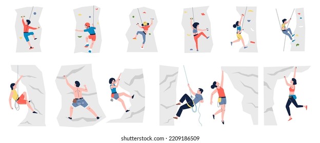 Adult and children sport climbing on rock. High aim, young female extreme travel. Woman man climbers, mountain adventures recent vector characters