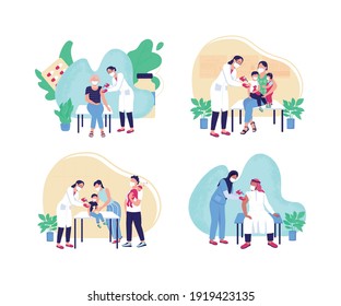 Adult and children vaccination flat concept vector illustration set. Health care, medical treatment. Doctors, patients 2D cartoon characters for web design. Vaccine injection creative idea collection