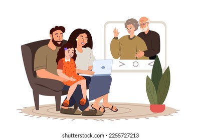 Adult children Woman,Man ,Child chat with elderly Grandparents vector flat illustration.Aged Retired people talking,online video call use computer Laptop.Family communication.Flat Vector Illustration