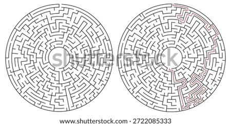 Adult Circular Maze Game - Complex Maze Game Flat Vector Black and White Outline Illustration for Kdp.