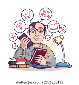 Adult client ordering books online. Products purchase and delivery via apps. Man buying over Internet. Modern technology and lifestyle. Vector illustration in cartoon style
