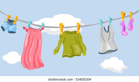 Wet Clothes Hanging On Rope Front Stock Vector (Royalty Free ...