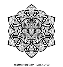 Adult coloring book. Black and white hexagonal ethnic pattern. Tribal zen tangle. Anti stress mandala ornament. Adult coloring page for art therapy, meditation and relax