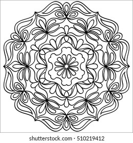 Adult coloring book. Black and white hexagonal ethnic pattern. Tribal zen tangle. Anti stress mandala ornament. Adult coloring page for art therapy, meditation and relax