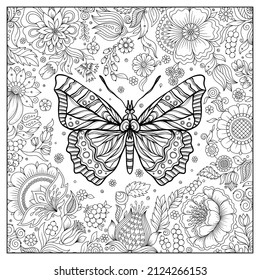 Adult coloring book with butterfly in flowers pages, zentangle vector illustration for art therapy, post card, t-shirt print. Boho tattoo design with doodle elements