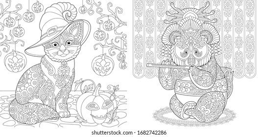 Adult coloring book. Cat among Halloween pumpkin decor. Panda geisha playing flute. Line art design for antistress colouring pages in zentangle style. Vector illustration. 