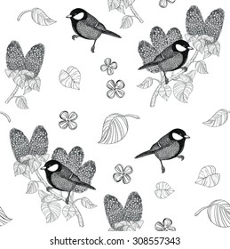 Adult coloring book detailed page with tit on a branch of lilac in vintage decorative style. monochrome background