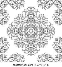 Adult coloring book drawing. Isolated outlined arabesque. Lacy wallpaper, background. Luxury print on pillow, bandana, case, rug, carpet, napkin, card, poster. Monochrome graphic. Vector abstract art.
