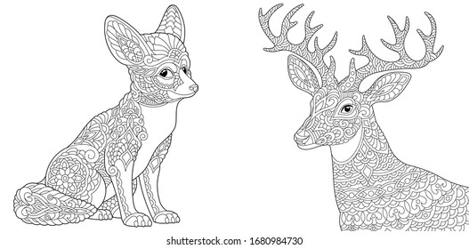 Adult coloring book. Fennec fox and Christmas reindeer. Line art design for antistress colouring pages in zentangle style. Vector illustration. 