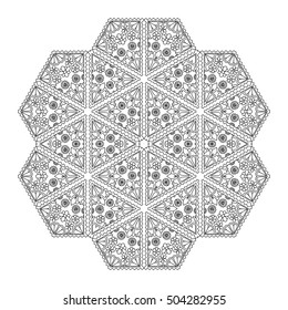 Adult coloring book, hexagonal pattern. Floral ethnic mandala for textile, sportswear, umbrellas. Black and white indian ornament
