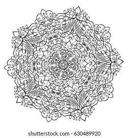 Adult coloring book illustration.Lacy Mandala pattern with calligraphic swirls and intricate tangled lacy ornament