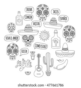 Adult coloring book Mexico Mexican cuisine, food and drinks Day of the dead Hello! How are you? Food. Drinks