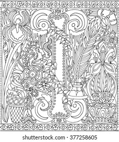 Adult Coloring Book Page Alphabet Letter I Vector Art Sheet for Relaxation Therapy