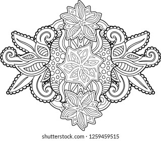 Adult coloring book page with beautiful floral pattern on white background