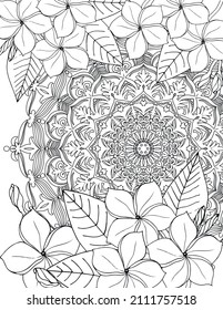 Adult coloring book page with beautiful tropical flowers and mandala. Doodle zen illustration in outlines.