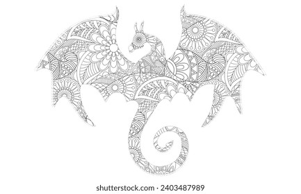 Adult coloring book page with beautiful dragon on white background