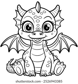 Adult coloring book page with beautiful dragon on white background
