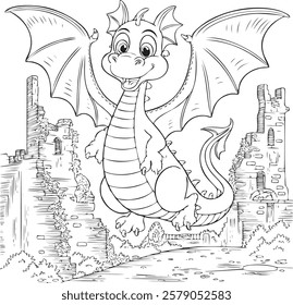 Adult coloring book page with beautiful dragon on white background