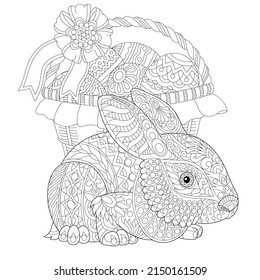 Adult coloring book page. Bunny and Easter basket with eggs. 