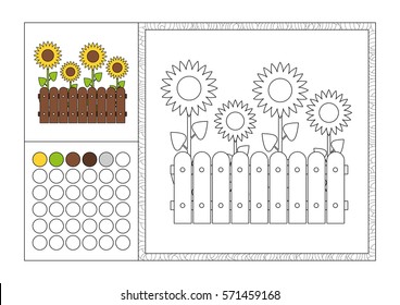 adult coloring book page with colored template, decorative frame and color swatch - vector black and white contour picture - yellow sunflowers growing in garden behind woody fence
