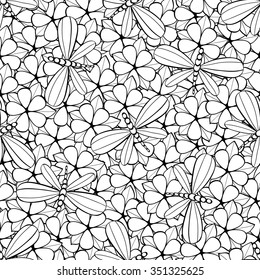 Adult coloring book page design with floral seamless pattern. Floral seamless pattern. Monochrome background for web pages, wedding invitations, save the date cards. Vector illustration