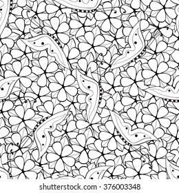 Adult coloring book page design with floral and butterfly seamless pattern. Floral seamless pattern. Vector illustration