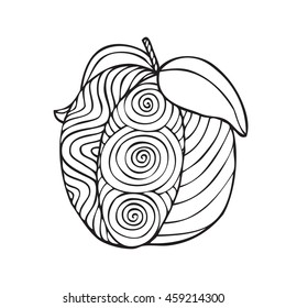 Adult coloring book page design with the image of a plum. Coloring book page for adult. Vector illustration in the style of zentangle, doodle, ethnic, tribal design. 