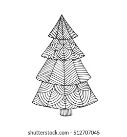 Adult coloring book page design with the image of a Christmas tree. Coloring book page for adult. Vector illustration in the style of zentangle, doodle, ethnic, tribal design.