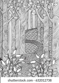 Desenho da página do livro para colorir adulto com árvores da floresta. Página do livro para colorir para adultos.