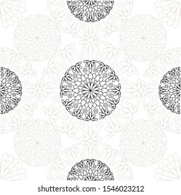 Adult coloring book page drawing. Isolated outlined arabesques. Lacy wallpaper, background. Print on bandana, case, rug, carpet, card, poster, textile. Creative texture. Monochrome vector graphic.