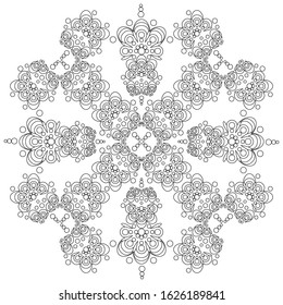 Adult coloring book page drawing. Isolated outlined arabesque. Lacy ornament wallpaper. Print on case, rug, carpet, card, poster, textile. Decorative, luxury texture. Monochrome vector graphic.