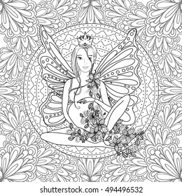 Adult coloring book page with fairy Pregnant lady with butterfly wings. Pregnancy in zentangle style art. Black and white, monochrome vector illustration or print design