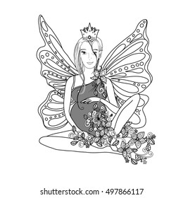 Adult coloring book page with fairy Pregnant lady with butterfly wings. Pregnancy in zentangle style art. Black and white, monochrome vector illustration or print design