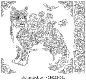 Adult coloring book page. Floral cat. Ethereal animal consisting of flowers, leaves and ladybugs