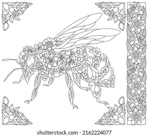 Adult coloring book page. Floral honey bee. Ethereal animal consisting of flowers and leaves