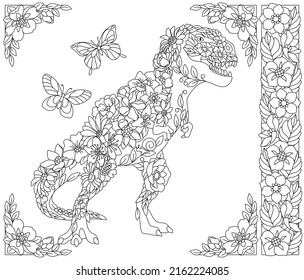 Adult coloring book page. Floral tyrannosaurus rex dinosaur. Ethereal animal consisting of flowers, leaves and butterflies