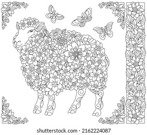 Adult coloring book page. Floral sheep. Ethereal animal consisting of flowers, leaves and butterflies