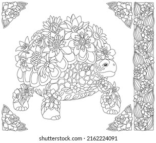 Adult coloring book page. Floral turtle. Ethereal animal consisting of flowers and leaves svg