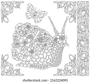 Adult coloring book page. Floral snail. Ethereal animal consisting of flowers, leaves and butterflies