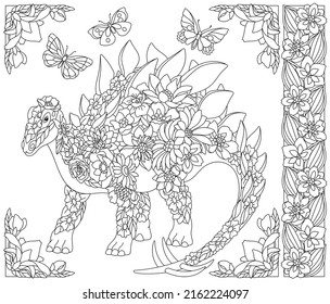 Adult coloring book page. Floral stegosaurus dinosaur. Ethereal animal consisting of flowers, leaves and butterflies