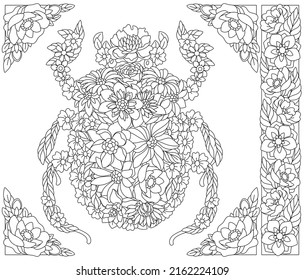 Adult coloring book page. Floral scarab. Ethereal animal consisting of flowers and leaves