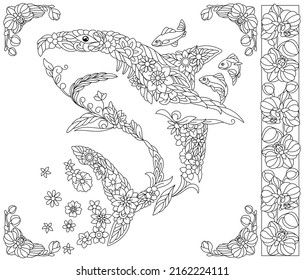 Adult coloring book page. Floral shark. Ethereal animal consisting of flowers, leaves and fishes