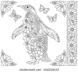 Adult coloring book page. Floral penguin. Ethereal animal consisting of flowers, leaves and butterflies