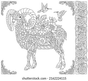 Adult coloring book page. Floral ram or goat. Ethereal animal consisting of flowers, leaves and hummingbirds