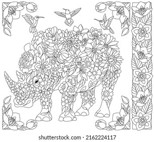 Adult coloring book page. Floral rhino. Ethereal animal consisting of flowers, leaves and hummingbirds