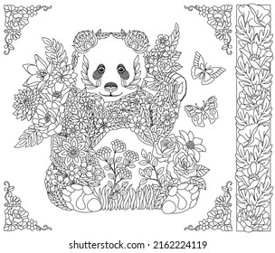 Adult coloring book page. Floral panda bear. Ethereal animal consisting of flowers, leaves and butterflies