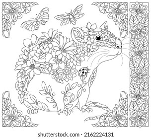 Adult coloring book page. Floral mouse. Ethereal animal consisting of flowers, leaves and butterflies